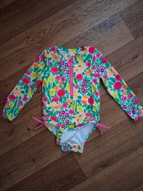 Kids Floral Long-Sleeve One-Piece Swimsuit - Pink & Green